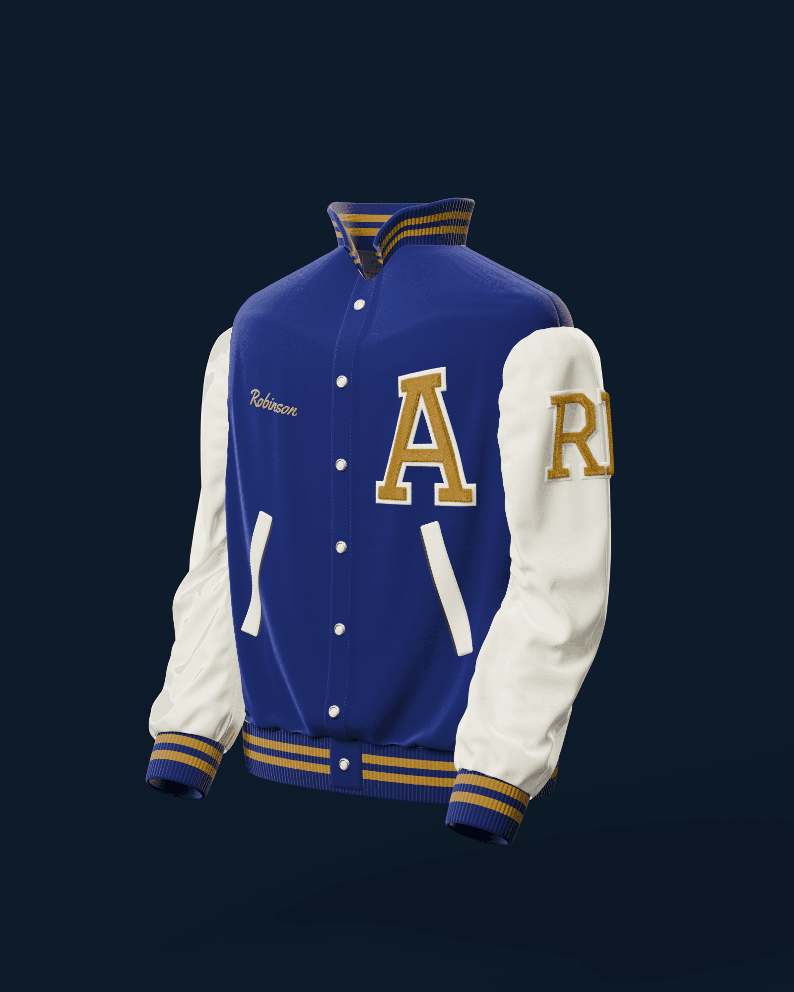 Ardsley High School varsity jacket in royal wool and white leather with a gold chenille A